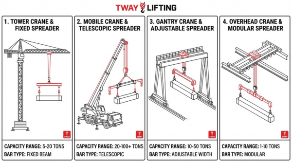 Crane and spreader bar comparison chart showing tower crane, mobile crane, gantry crane, and overhead crane lifting setups