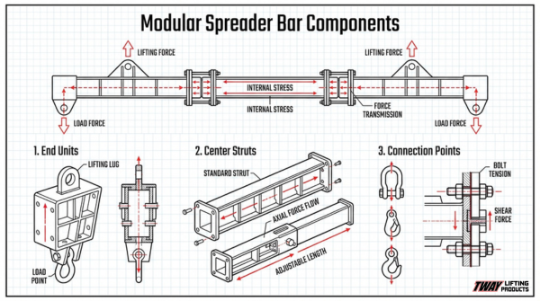 Modular spreader bar component diagram showing end units, center struts, connection points, and internal force distribution
