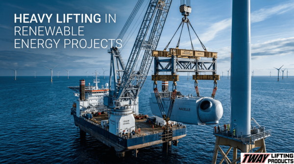 Crane vessel lifting a wind turbine nacelle with a spreader bar offshore.