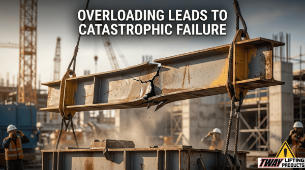 Deformed spreader bar under excessive load at a construction site.