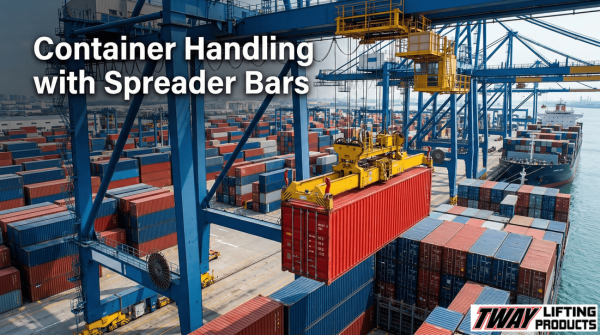 Shipping container being lifted by a crane using a spreader bar at a port.