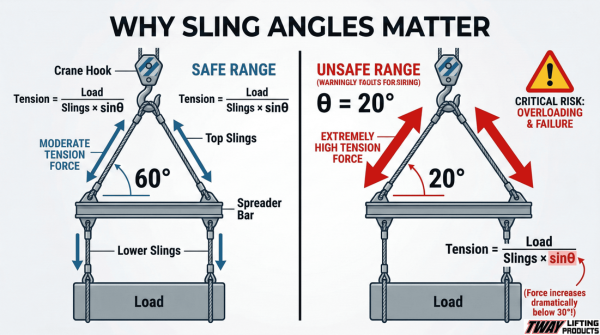 Comparison of safe and unsafe sling angles showing increased force at shallow angles.