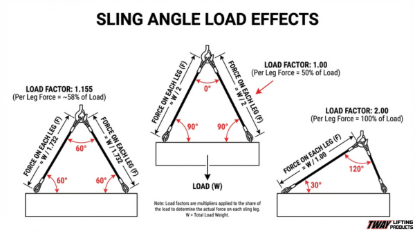Sling angle load effects chart showing how different lifting sling angles change load factor and force on each leg