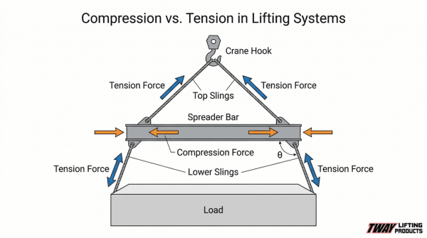 Diagram showing a spreader bar under compression and slings under tension during lifting.