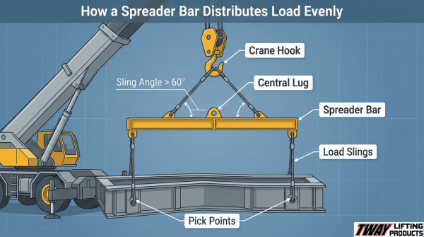 Illustration of crane lifting a load using a spreader bar with labeled components and sling angles.