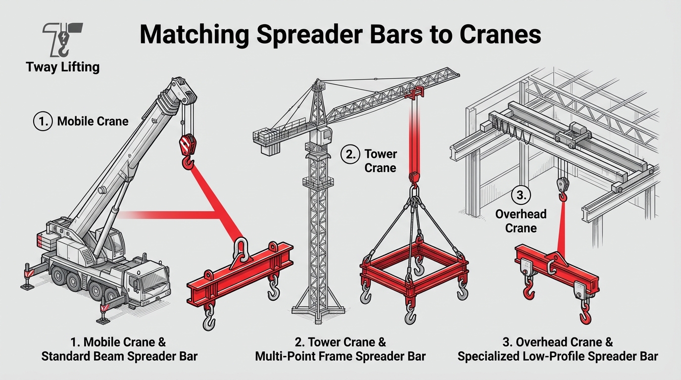 Spreader bar and crane matching guide showing mobile crane, tower crane, and overhead crane applications for different spreader bar types