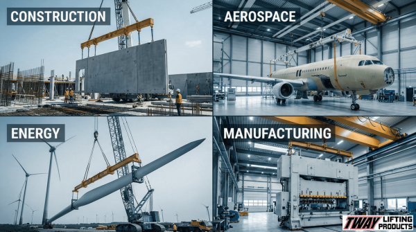 Collage of construction, aerospace, energy, and manufacturing lifting operations using spreader bars.