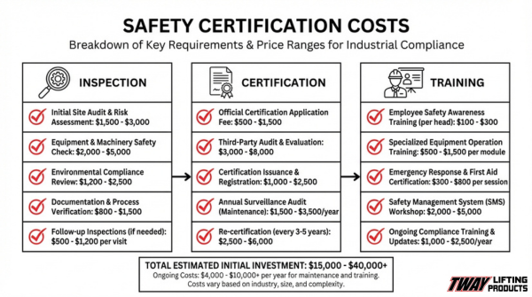 Safety certification cost breakdown infographic showing inspection, certification, and training expenses for industrial lifting compliance