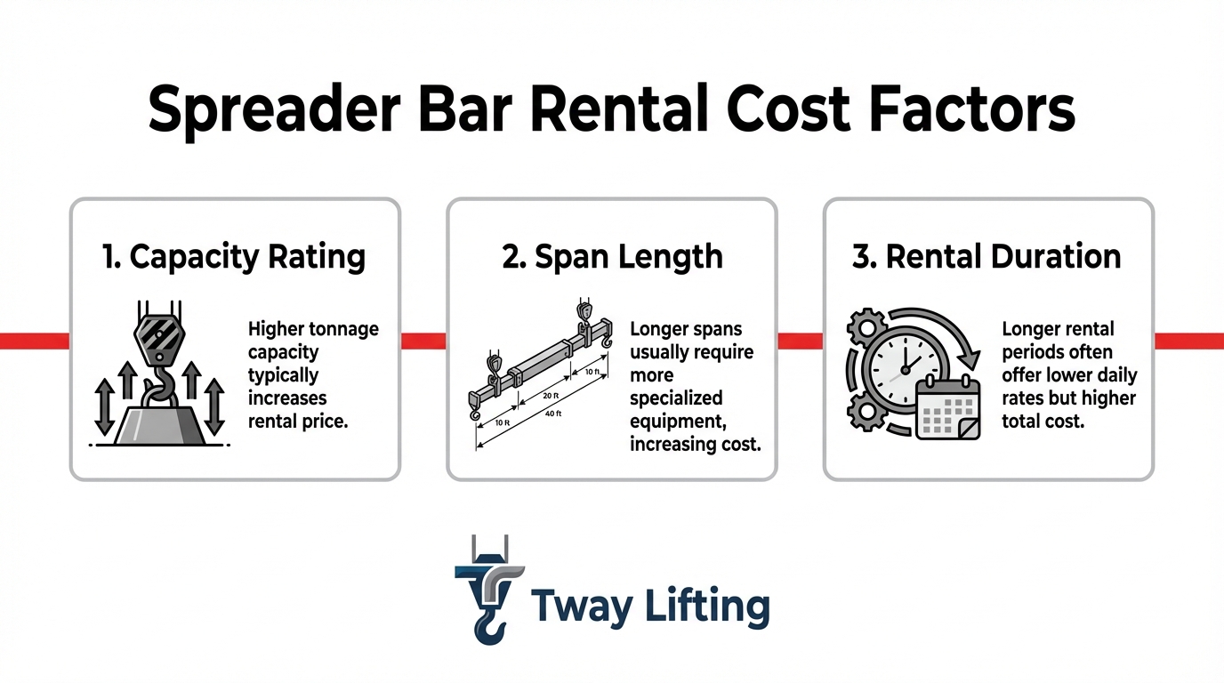 Spreader bar rental cost factors infographic showing how capacity rating, span length, and rental duration affect pricing