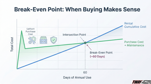 Graph showing break-even point between renting and buying a spreader bar around 60 days of annual use.
