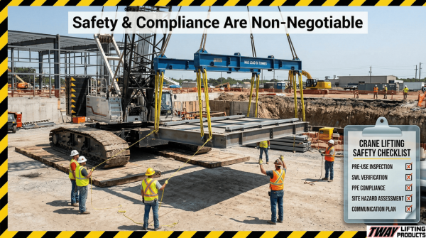 Crane lifting load with spreader bar while workers follow safety procedures on site.