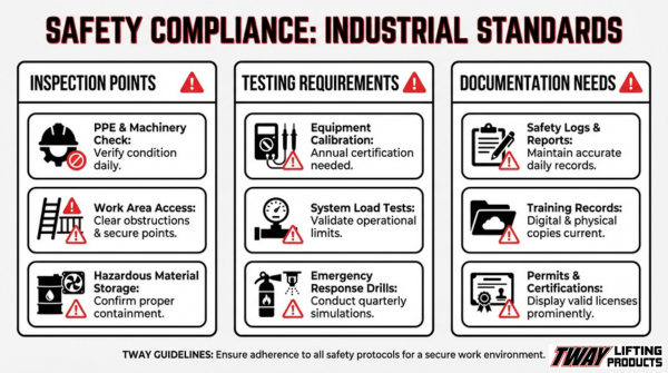 Industrial safety compliance infographic showing inspection points, testing requirements, and documentation needs for lifting operations