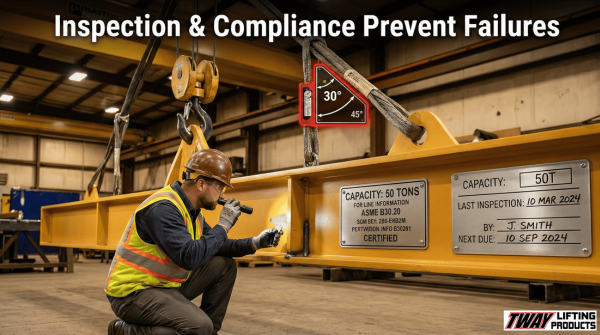 Worker inspecting certified spreader bar with visible load rating and sling angle.