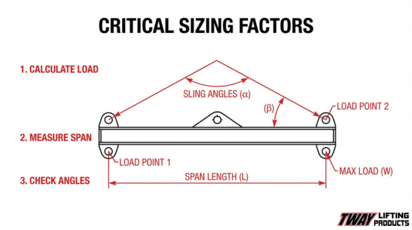 Spreader bar sizing diagram showing load calculation, span length, sling angles, and load points for proper lifting setup