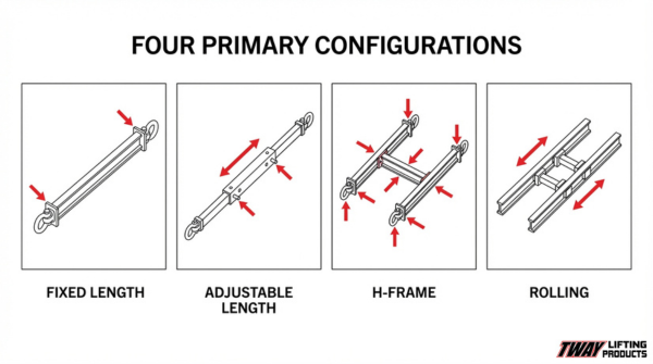 Comparison of four spreader bar configurations including fixed length, adjustable length, H-frame, and rolling designs.