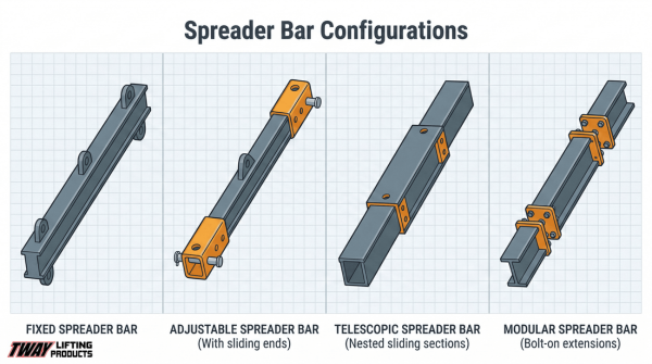 Side-by-side comparison of fixed, adjustable, telescopic, and modular spreader bars.
