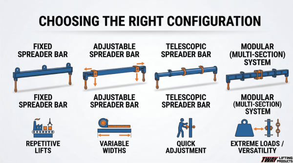 Four types of spreader bars including fixed, adjustable, telescopic, and modular designs.