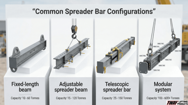 Four common spreader bar configurations including fixed, adjustable, telescopic, and modular designs.