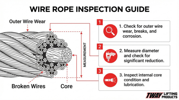 Wire rope inspection infographic showing outer wire wear, broken wires, core damage, and measurement checks for lifting safety