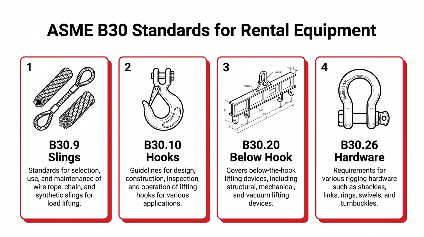 Infographic of ASME B30 standards for rental rigging equipment, covering B30.9 Slings, B30.10 Hooks, B30.20 Below-the-Hook lifting devices, and B30.26 Rigging Hardware.