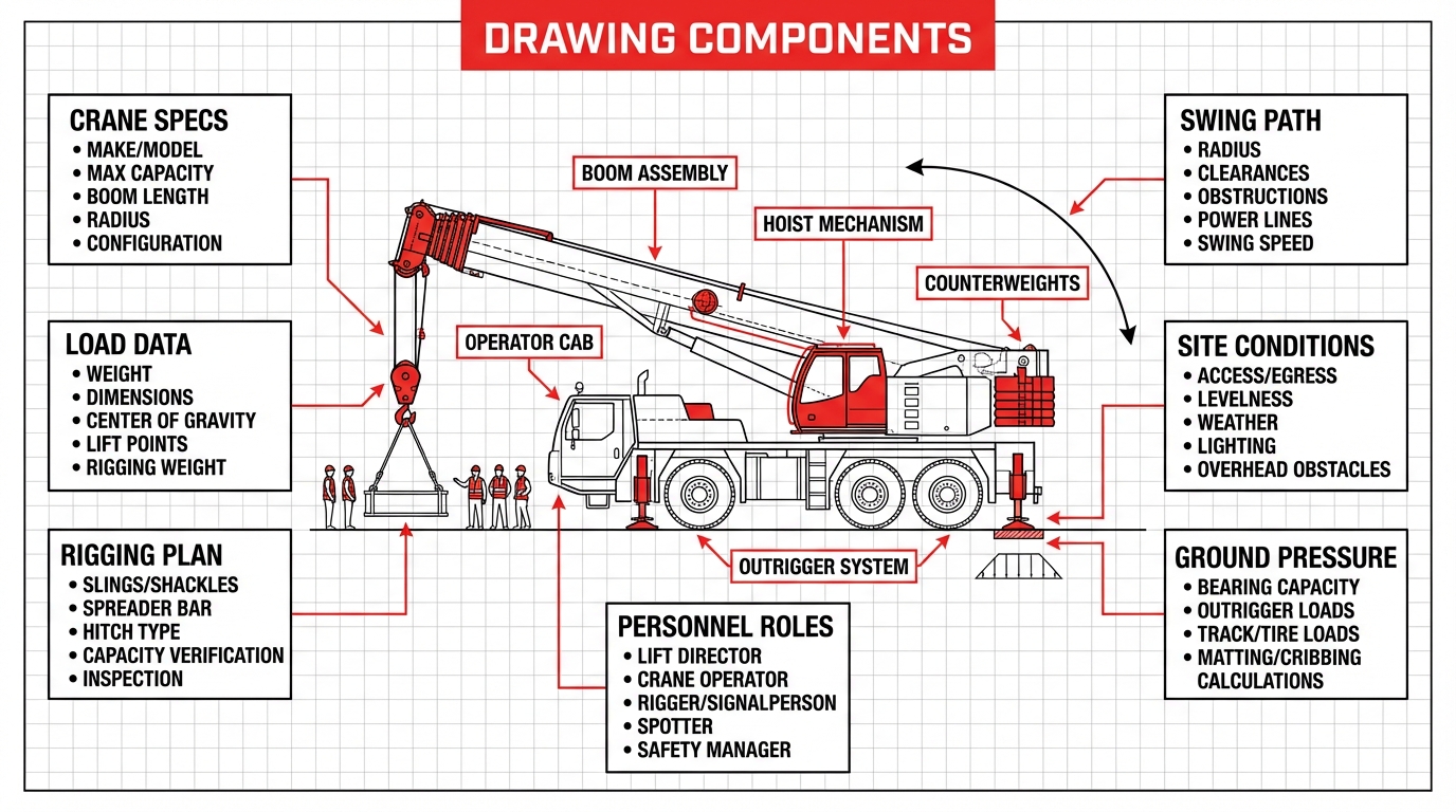 Comprehensive breakdown of engineered crane drawing components, including crane specs, load data, rigging plans, ground pressure calculations, swing path radius, and personnel roles for safe lifting operations.