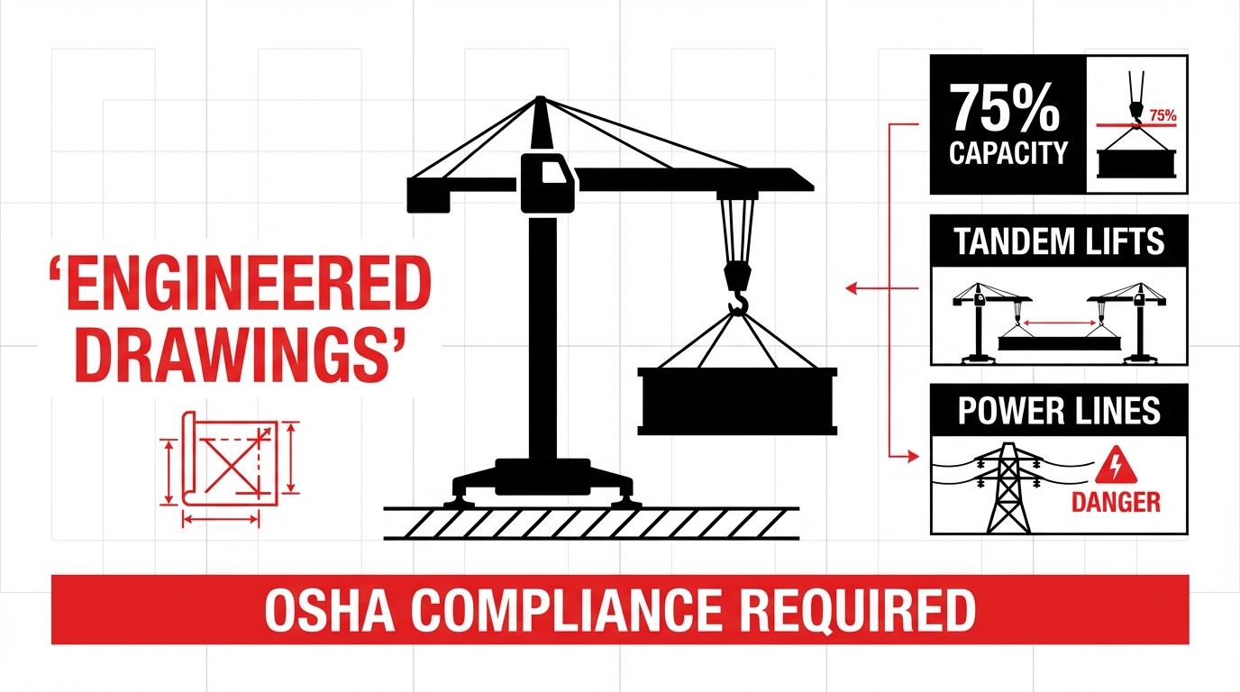 OSHA compliance guide for engineered drawings in crane rentals, highlighting requirements for critical lifts exceeding 75% capacity, tandem lifts, and lifts near power lines.