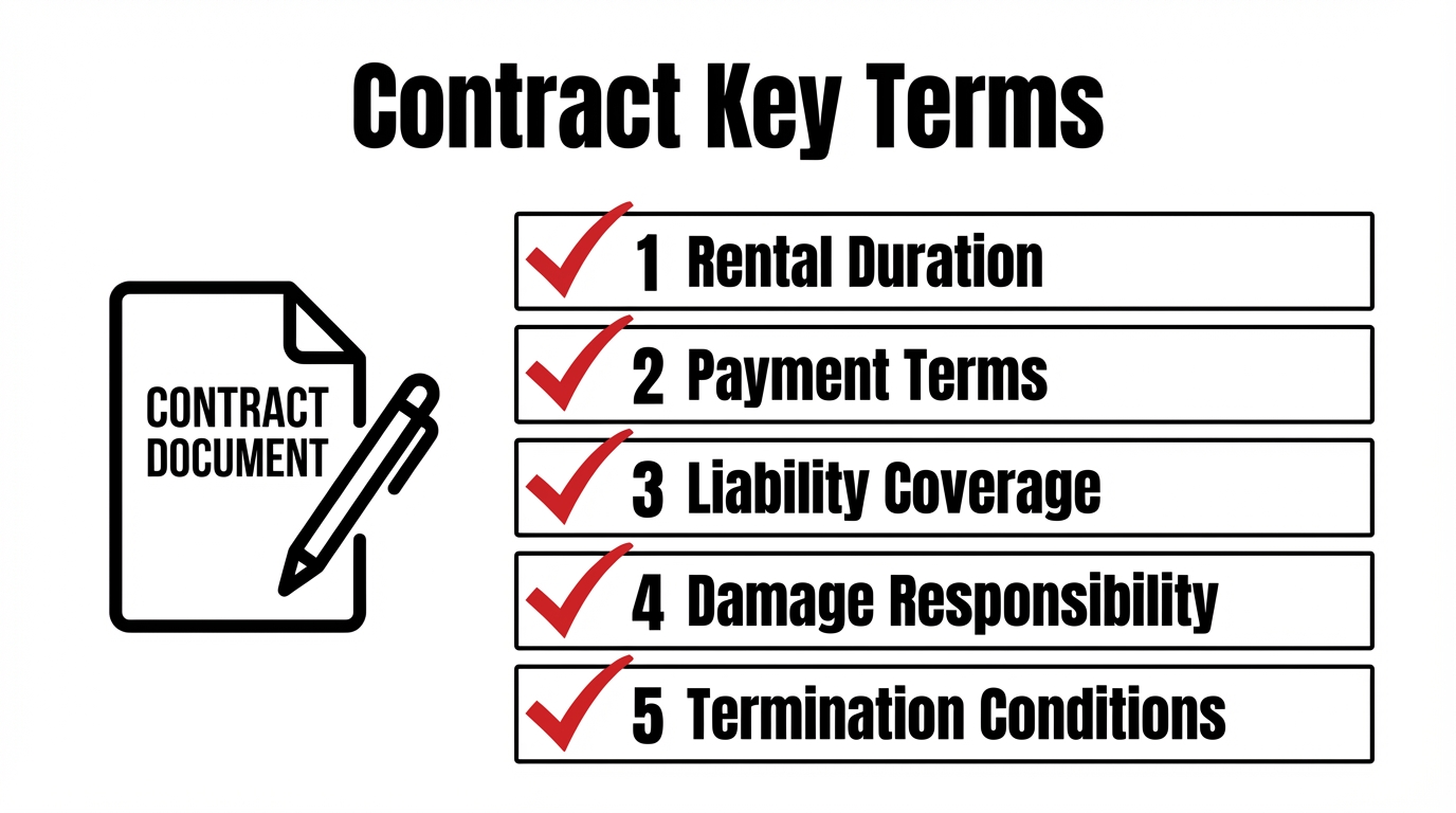 Infographic of key terms for equipment rental contracts, including rental duration, payment terms, liability coverage, damage responsibility, and termination conditions.