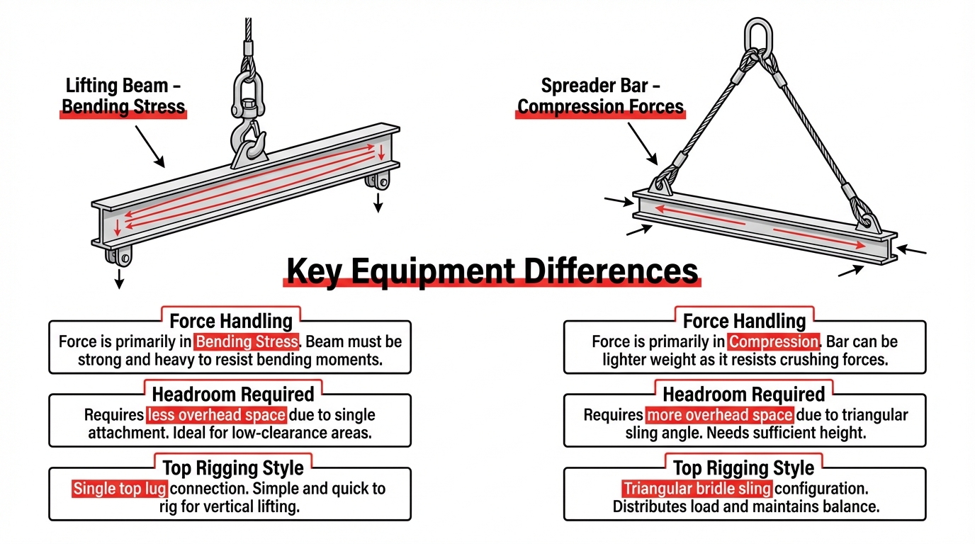 Comparison chart of Key Equipment Differences between a Lifting Beam and a Spreader Bar, highlighting bending stress vs. compression forces, headroom requirements, and top rigging styles.