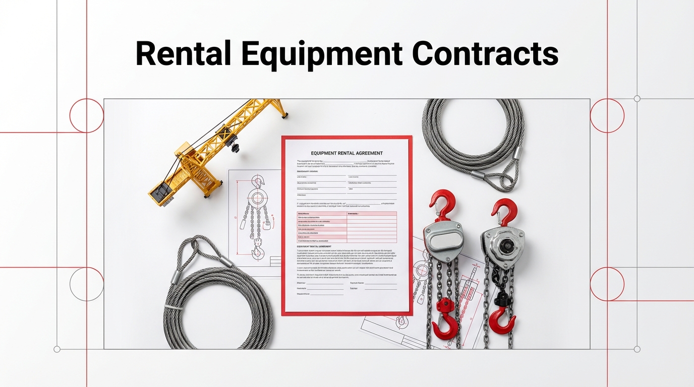 A guide to Rental Equipment Contracts for lifting and rigging gear, featuring an Equipment Rental Agreement document surrounded by wire rope slings, hoist hooks, and a scale model crane.