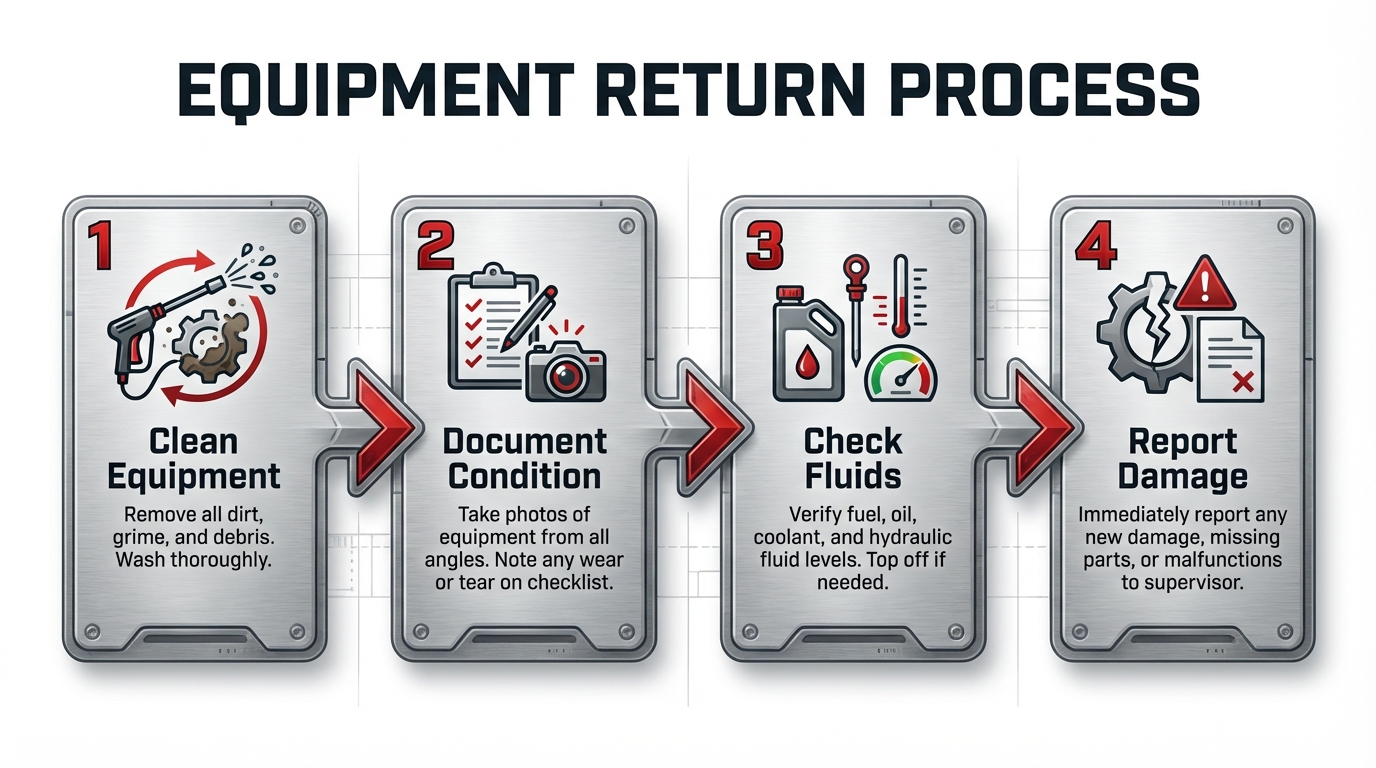 A 4-step equipment return process infographic for heavy machinery rental, featuring cleaning, documenting condition with photos, checking fuel and hydraulic fluids, and reporting damage.
