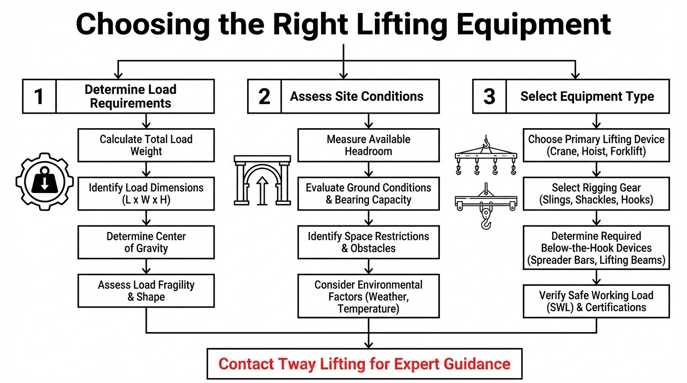 A comprehensive flowchart for choosing the right lifting equipment, detailing three stages: Determining Load Requirements (weight, dimensions, center of gravity), Assessing Site Conditions (headroom, ground capacity, obstacles), and Selecting Equipment Type (cranes, rigging gear, and below-the-hook devices).