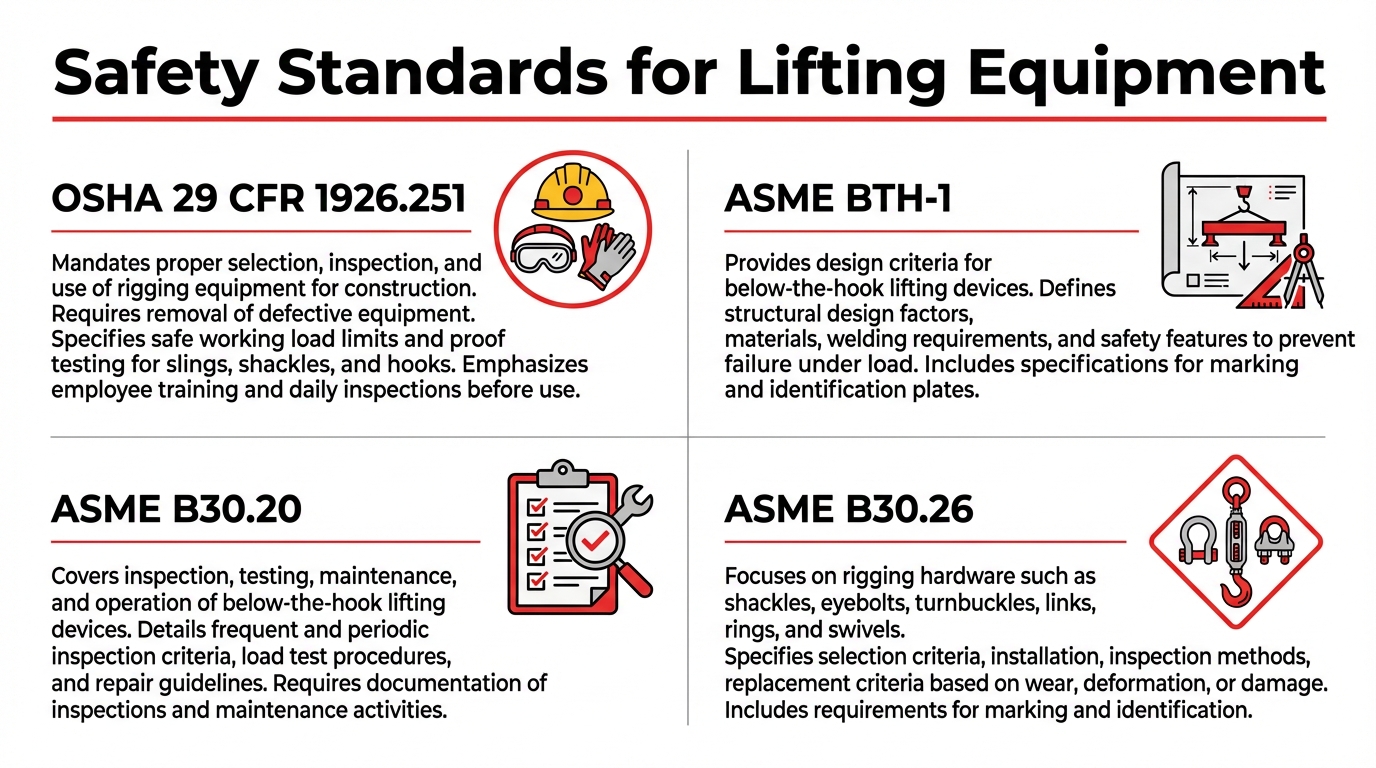 Infographic of safety standards for lifting equipment, detailing OSHA 29 CFR 1926.251, ASME BTH-1 for design criteria, ASME B30.20 for below-the-hook lifting devices, and ASME B30.26 for rigging hardware compliance.