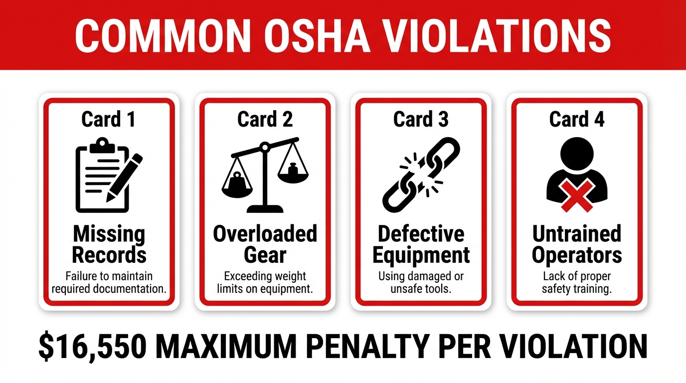 Infographic of common OSHA violations for rental equipment, including missing records, overloaded gear, defective equipment, and untrained operators, noting a $16,550 maximum penalty per violation.