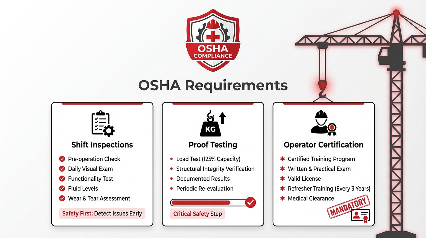Infographic of OSHA compliance requirements for lifting equipment, detailing shift inspections, proof testing with 125% load capacity, and mandatory operator certification.