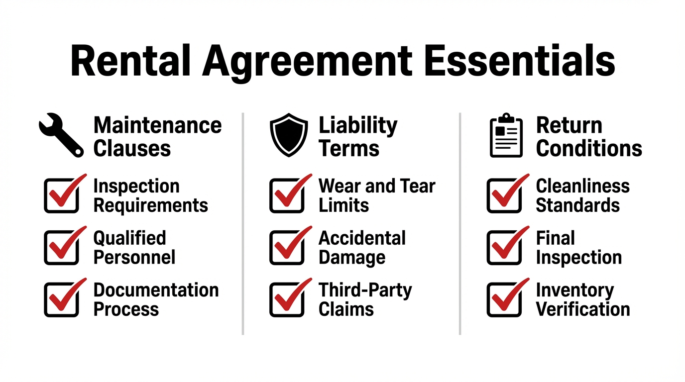 Checklist of rental agreement essentials for heavy equipment, including maintenance clauses, liability terms, and return conditions such as inspection requirements, accidental damage, and inventory verification.