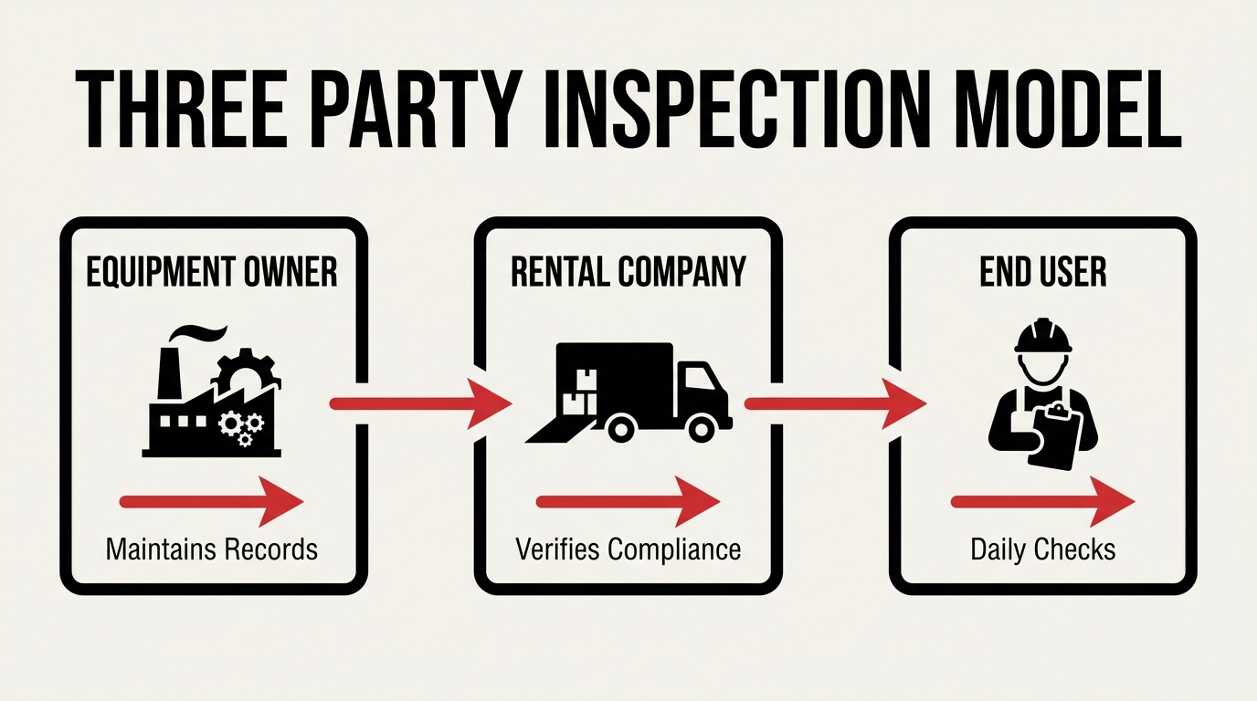 Infographic showing the Three Party Inspection Model for rental equipment, detailing the responsibilities of the Equipment Owner (maintaining records), Rental Company (verifying compliance), and End User (daily checks).