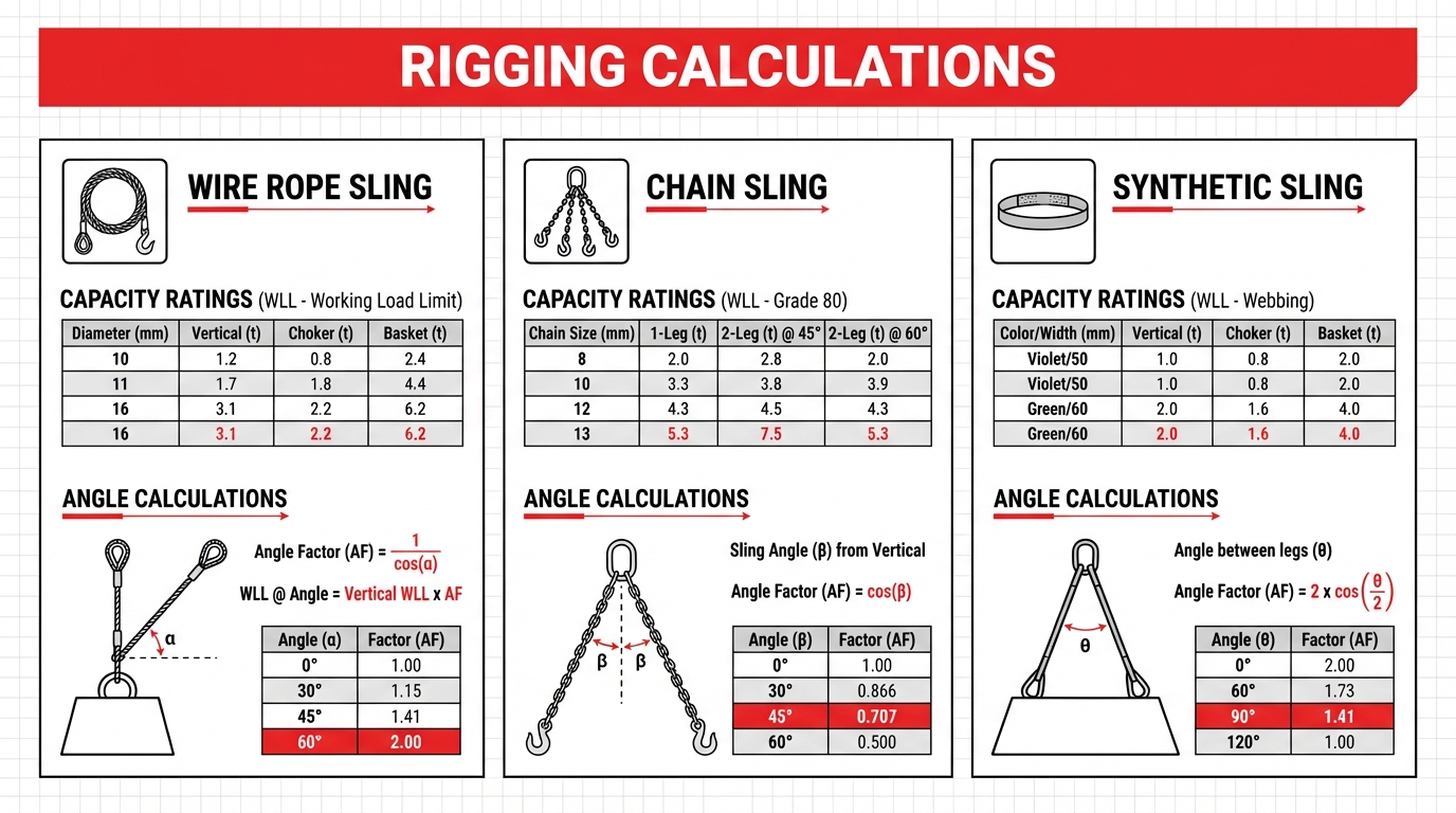 Rigging calculation chart for Working Load Limit (WLL) and sling angle factors, featuring capacity ratings and math formulas for wire rope slings, Grade 80 chain slings, and synthetic webbing slings.