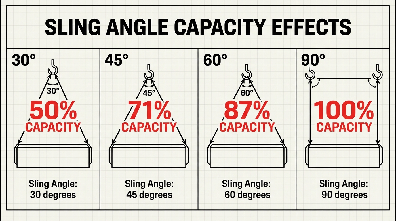 Sling angle capacity effects chart for rigging, showing the reduction in lifting capacity at 30 degrees (50%), 45 degrees (71%), 60 degrees (87%), and 90 degrees (100%).