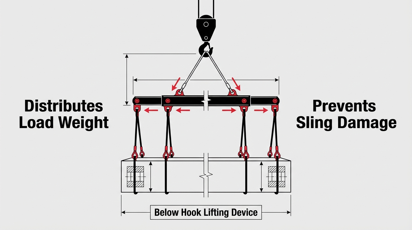 Technical diagram of a spreader bar below-hook lifting device, illustrating how it distributes load weight and prevents sling damage by maintaining vertical lift points on a heavy load.
