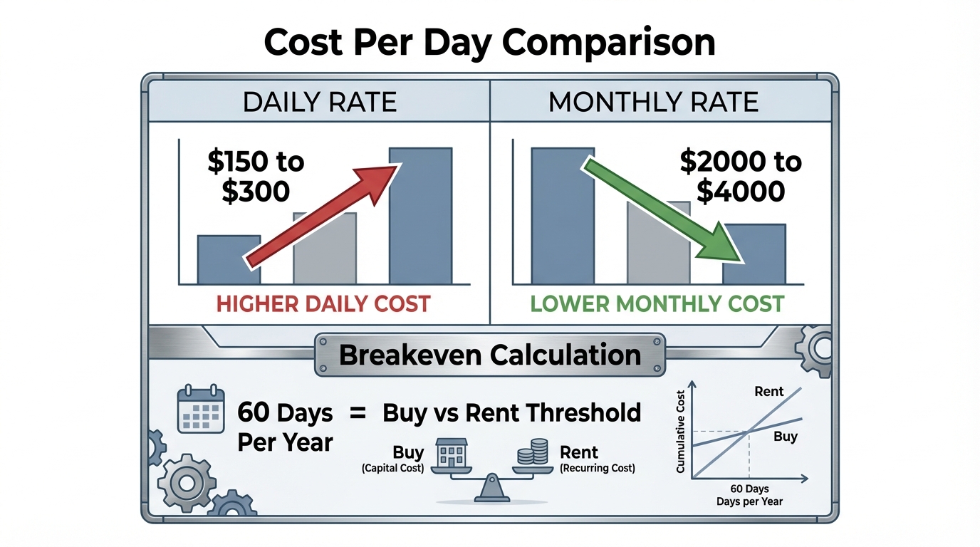 Spreader bar rental cost comparison chart showing daily rates from $150 to $300 and monthly rates from $2000 to $4000, featuring a breakeven calculation for buying vs. renting at a 60-day annual threshold.