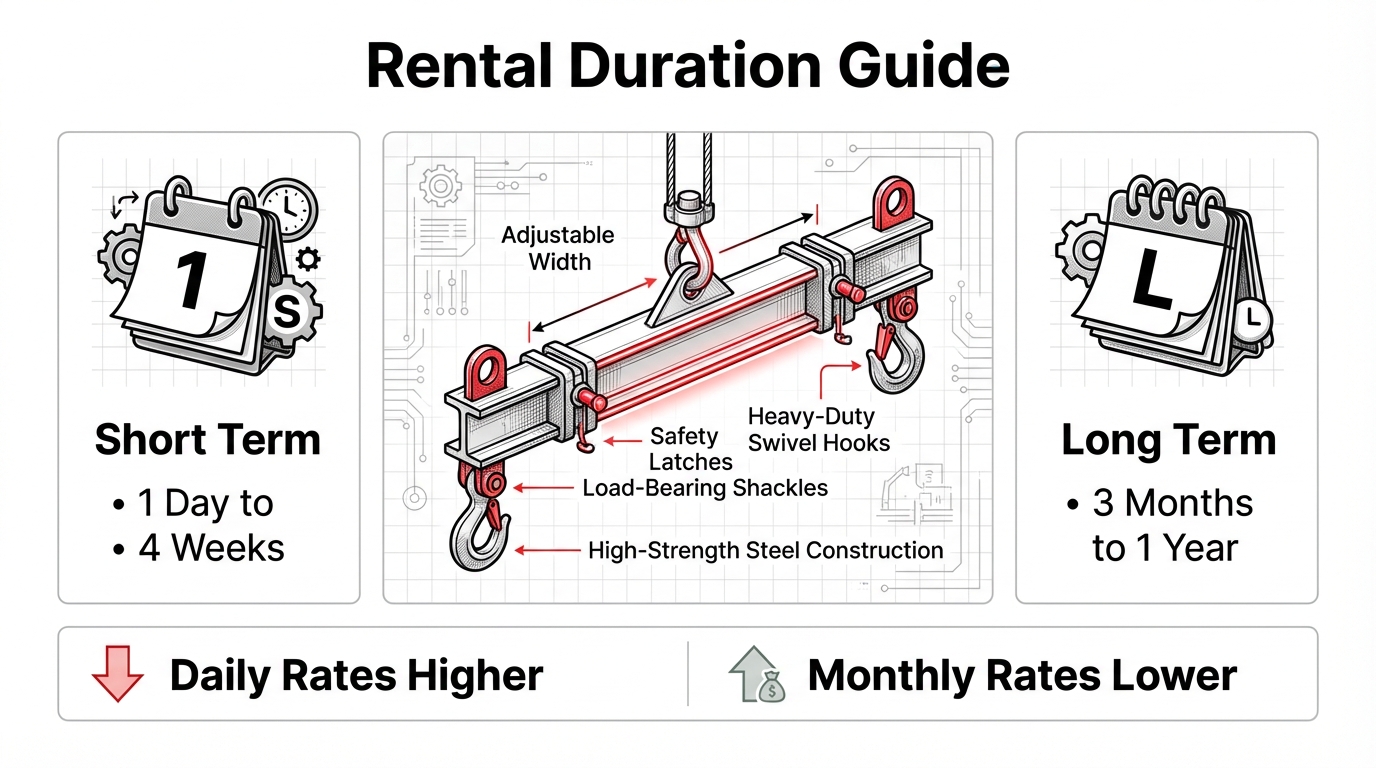 Rental duration guide for lifting beams and spreader bars, comparing short-term daily rates (1 day to 4 weeks) and long-term monthly rates (3 months to 1 year) for industrial rigging equipment.