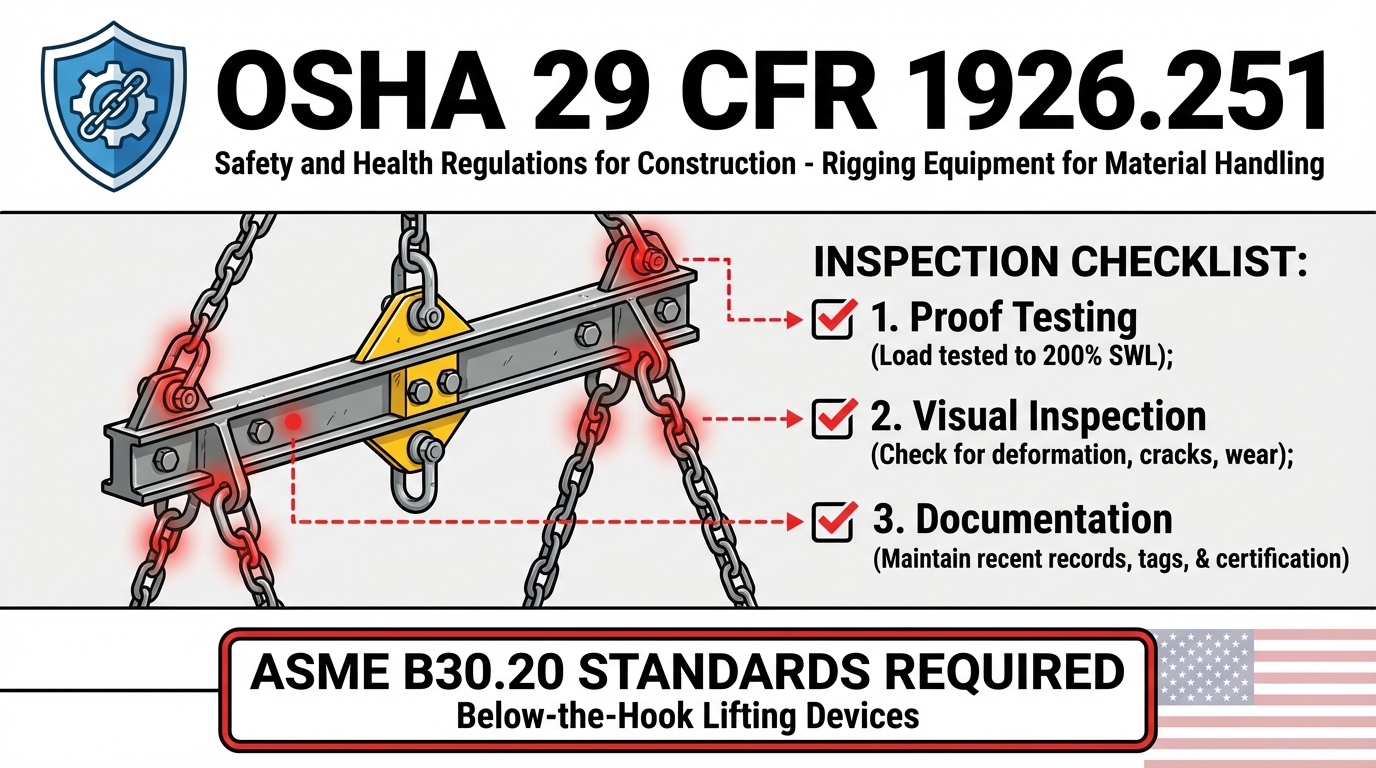 Spreader bar safety compliance infographic detailing OSHA 29 CFR 1926.251 and ASME B30.20 standards, featuring an inspection checklist for proof testing to 200% SWL, visual inspection, and mandatory documentation.