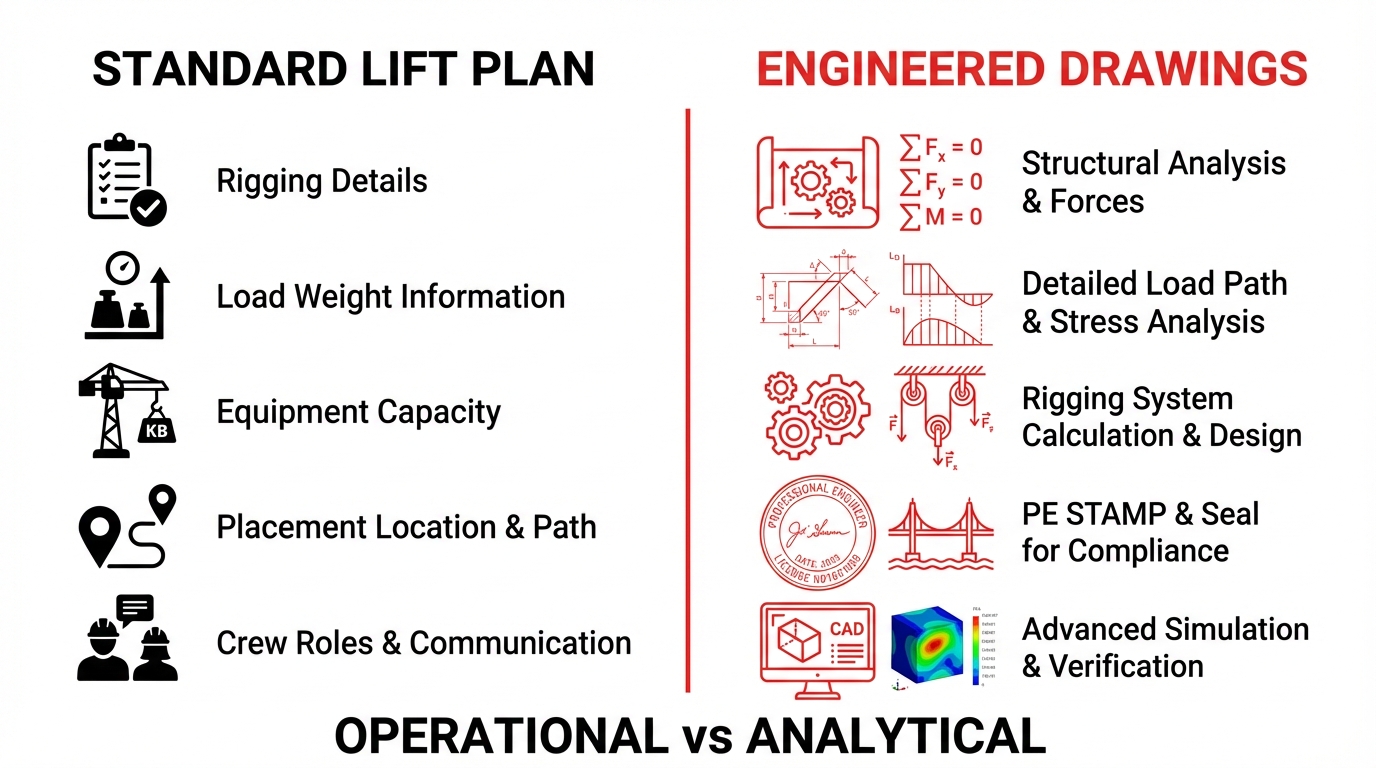 Comparison of a Standard Lift Plan versus Engineered Drawings for crane operations, highlighting operational rigging details vs. analytical PE-stamped structural analysis, stress analysis, and CAD simulations.