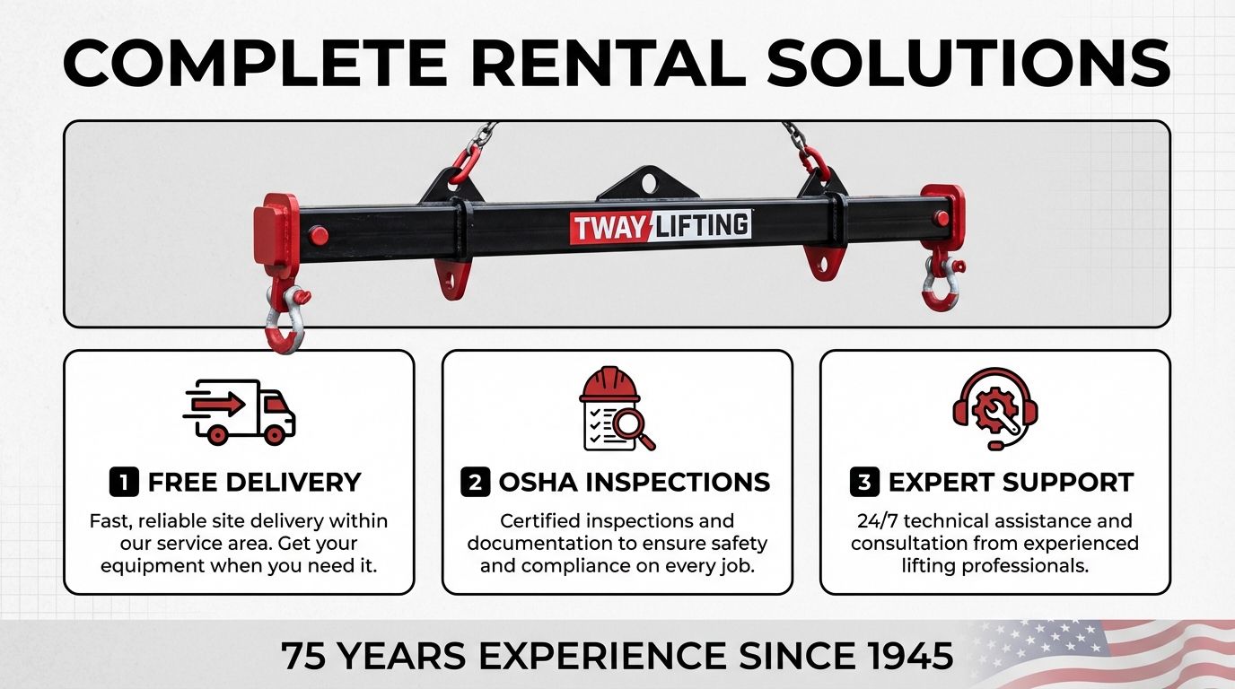 Tway Lifting complete rental solutions for spreader bars and lifting equipment, featuring free delivery, OSHA inspections, and 24/7 expert technical support with 75 years of experience.