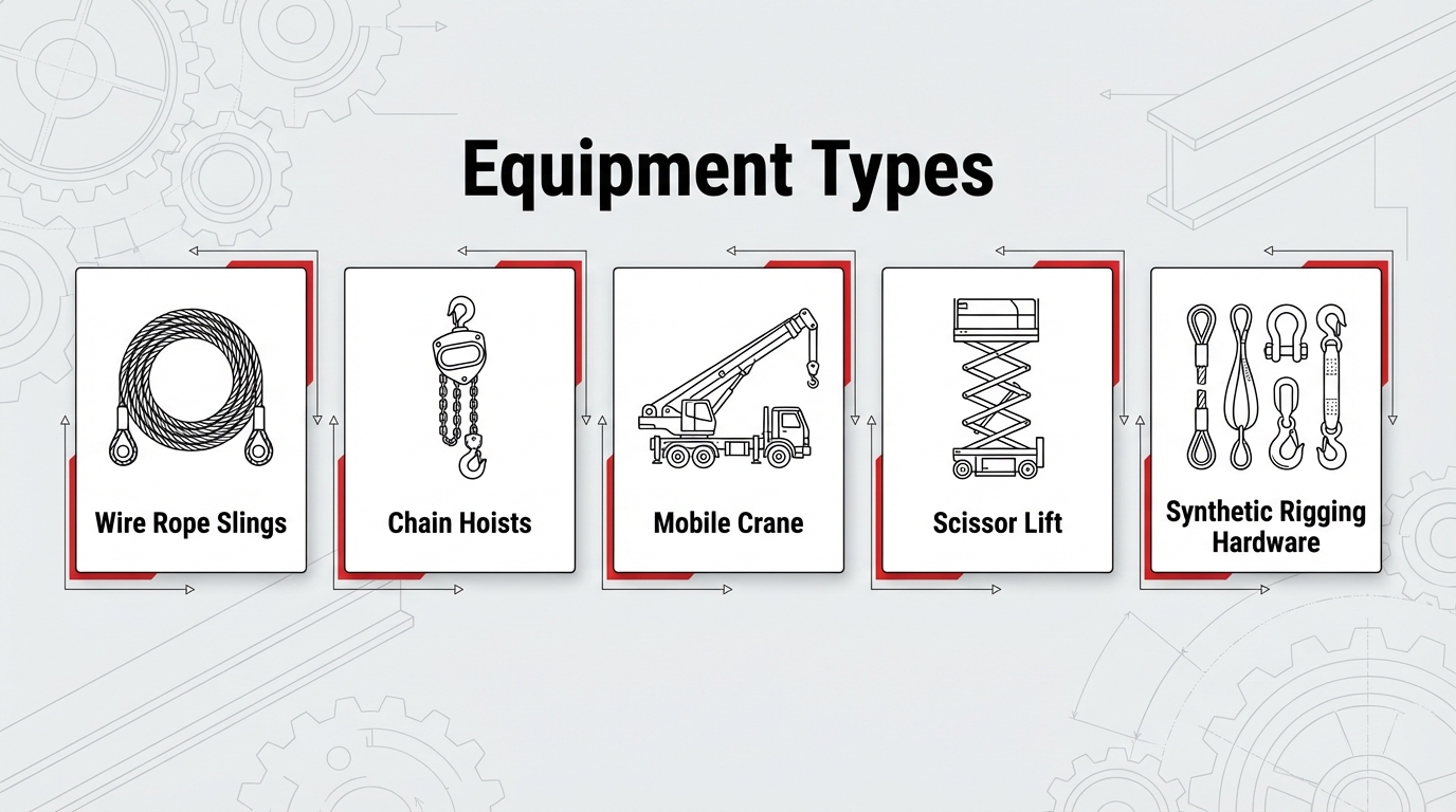 Infographic of industrial equipment types for rental, including Wire Rope Slings, Chain Hoists, Mobile Cranes, Scissor Lifts, and Synthetic Rigging Hardware.