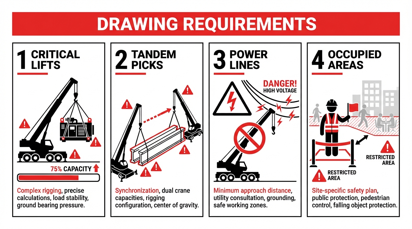Infographic of engineering drawing requirements for crane lifts, detailing critical lifts at 75% capacity, tandem picks with dual cranes, power line safety zones, and lift plans for occupied areas.