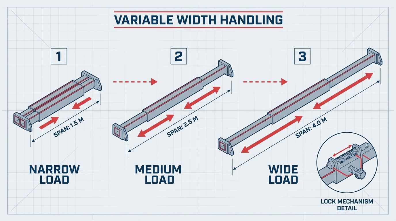 Technical infographic showing three adjustment stages of a telescoping spreader bar: 1.5m narrow load, 2.5m medium load, and 4.0m wide load configurations. 