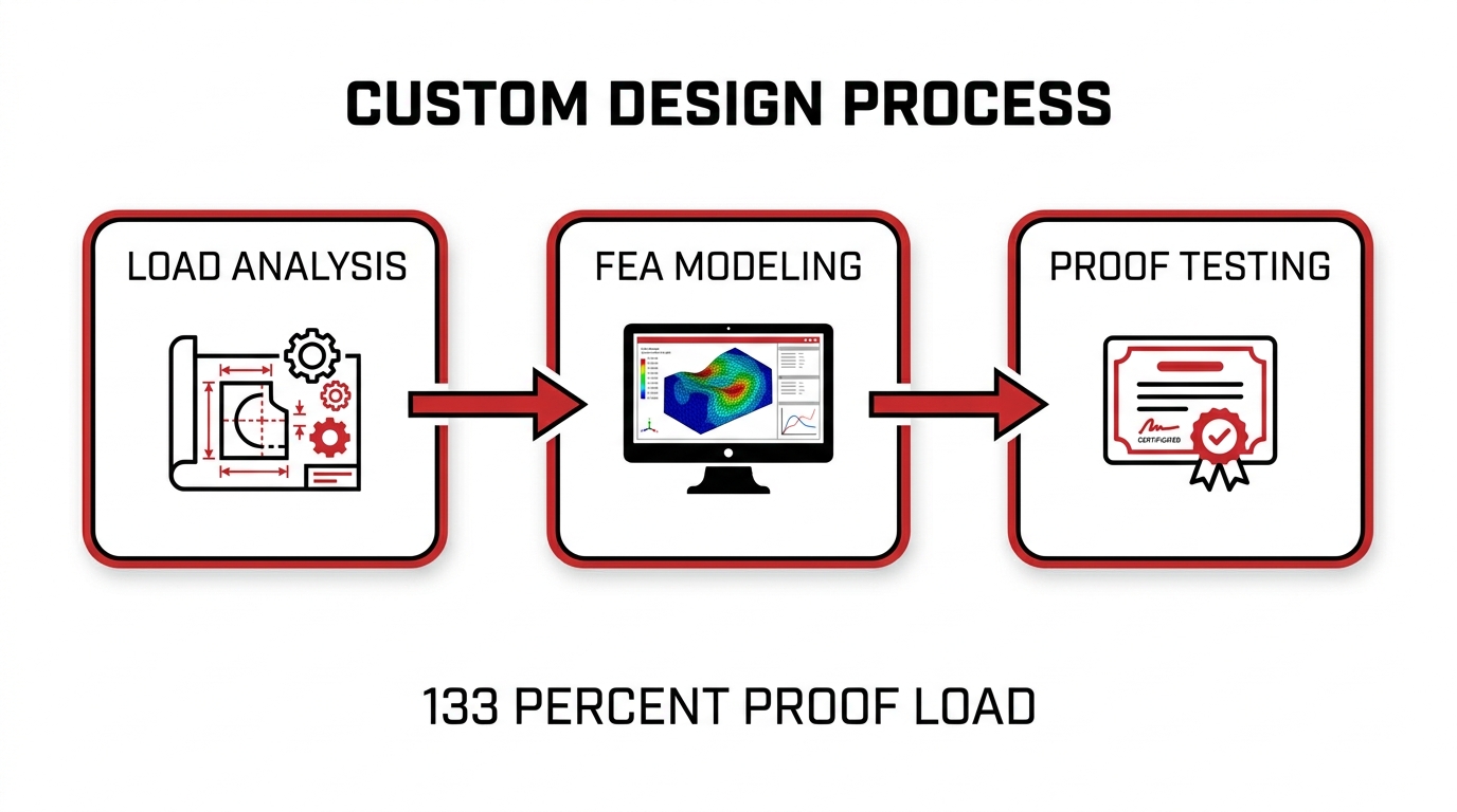 Three-step industrial manufacturing process infographic mapping out initial blueprint load analysis, 3D computer finite element analysis modeling, and a final 133 percent weight proof load compliance test.