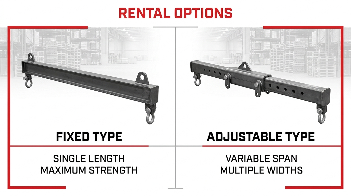 Two-panel equipment rental infographic contrasting a heavy-duty fixed type lifting beam with a telescoping adjustable type beam with multiple width settings.