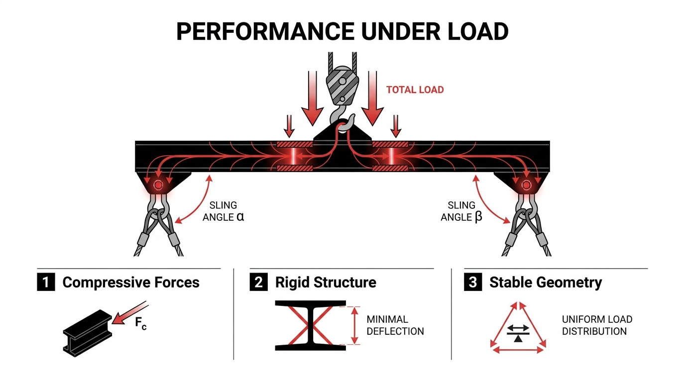 Heavy rigging engineering infographic explaining lifting beam stress analysis under total load, highlighting compressive force mechanics, I-beam rigidity, and geometry stability.